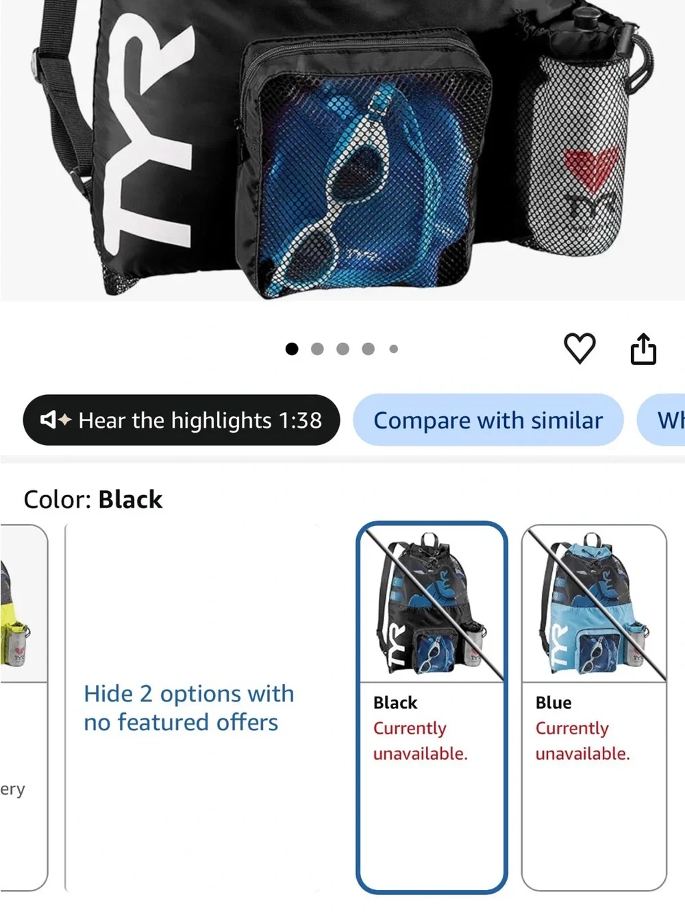 TYR Black and Blue Mesh Drawstring Swim Backpack with Front Pocket